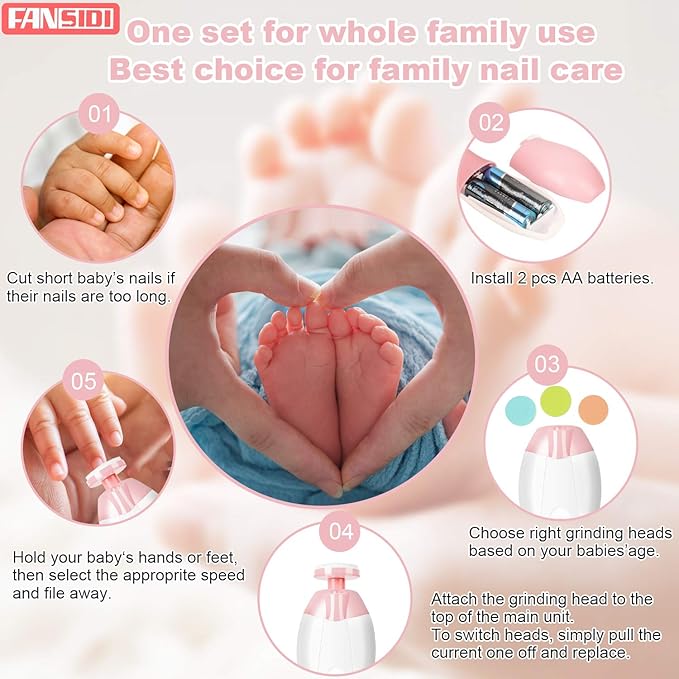 Baby Nail Trimmer Electric, FANSIDI Baby Nail File Infant Nail Clippers with 10 Grinding Pads 8 Sandpapers for Newborn Infant Toddler or Adults Toes Fingernails Care - AA Battery Operated (White/Pink)-CubbioJoy