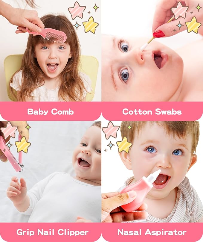 Baby Grooming and Healthcare Kit, Portable Baby Safety Care Set with Hair Brush Comb Nail Clipper Nasal Aspirator for Nursery Newborn Infant Girl Boy (25 in 1 Pink)-CubbioJoy