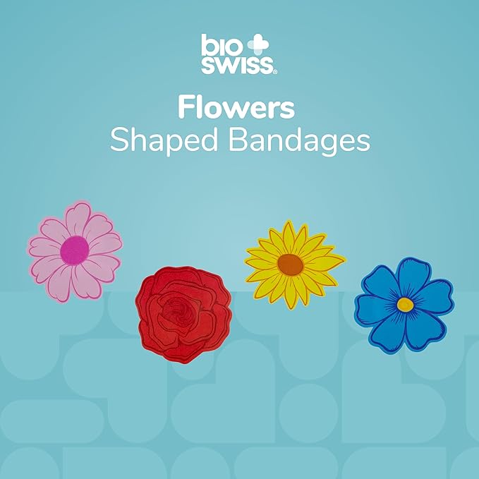 BioSwiss Bandages, Flowers Shaped Self Adhesive Bandage, Latex Free Sterile Wound Care, Fun First Aid Kit Supplies for Kids and Adults, 50 Count-CubbioJoy