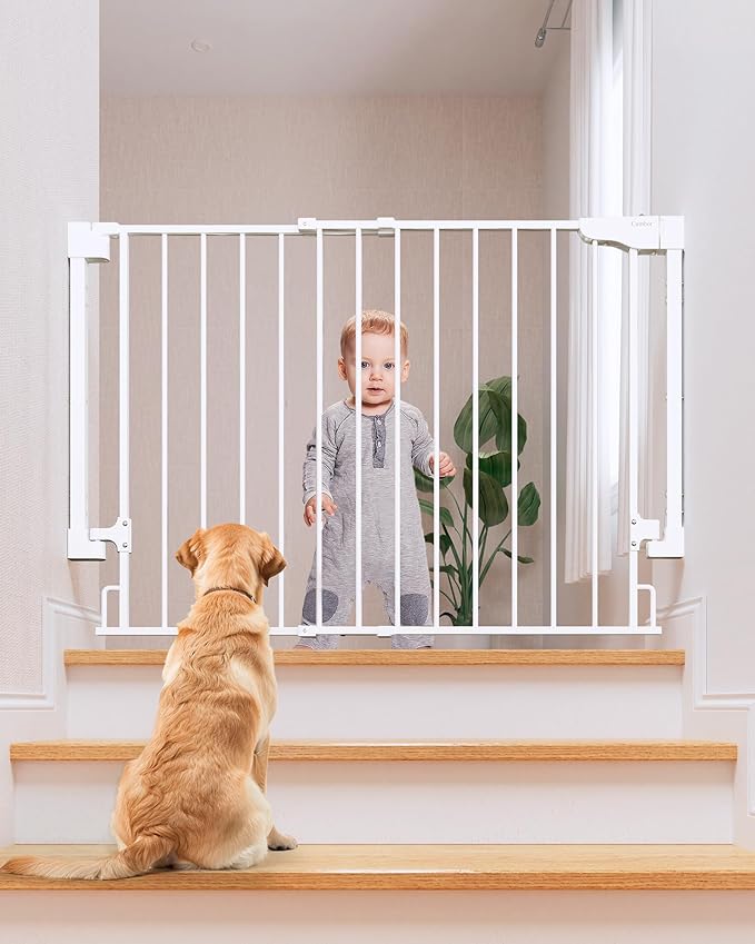 Cumbor 29.2-43" No Bottom Bar Baby Gate for Stairs, 2-in-1 Hardware Mounted Dog Gate Indoor, Auto Close Pet Gate for Doorways with Large Walk Thru Door, Wide Child-Proof Safety Gates for Kids (White)-CubbioJoy