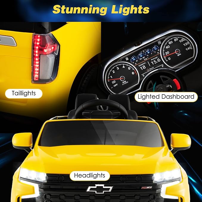 Costzon Ride on Car, 12V Licensed Chevrolet Tahoe Battery Powered Electric Vehicle w/ 2.4G Remote Control, High/Low Speed, Music, Lights, MP3/USB/FM, Spring Suspension, Electric SUV for Kids (Yellow)-CubbioJoy