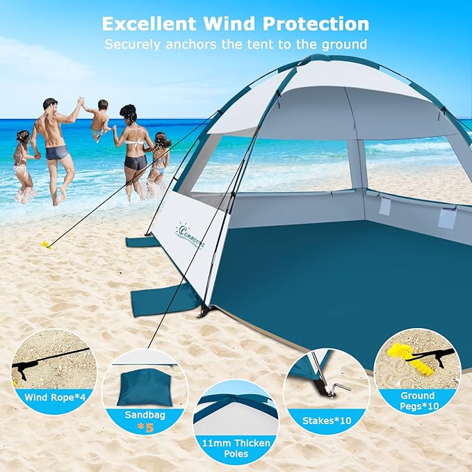 COMMOUDS Beach Tent Sun Shade for 3/4-5/6-7/8-10 Person, UPF 50+ Beach Sun Shelter Canopy Tent, Lightweight, Easy Set Up and Carry-CubbioJoy