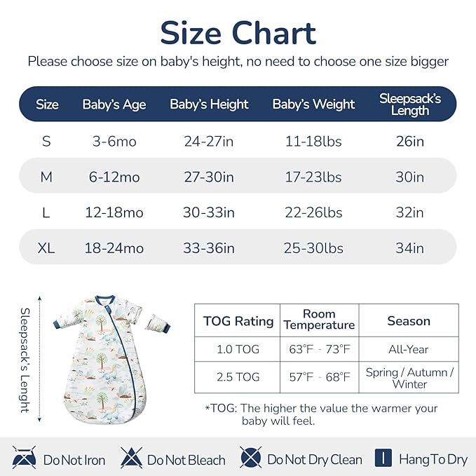 Baby Sleep Sack 12-18 Months, Cotton Detachable Long Sleeve Sleep Sack, 2.5 Tog Toddler Sleeping Sack with Temperature Strips, 2-Way Zipper Wearable Blankets for Newborns, Dinosaur-CubbioJoy