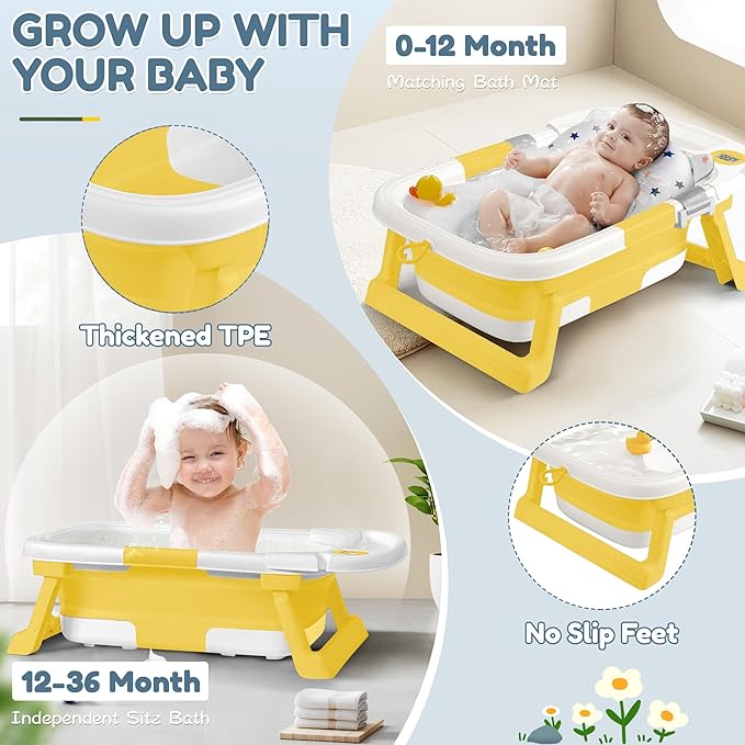 Collapsible Baby Bathtub,Baby Bath Tub with Thermometer & Soft Cushion,Baby Bathtub for Newborn to Toddler 0-36 Months,Portable Travel Baby Tub with No-Slip Feet,Baby Shower Gifts,Yellow-CubbioJoy