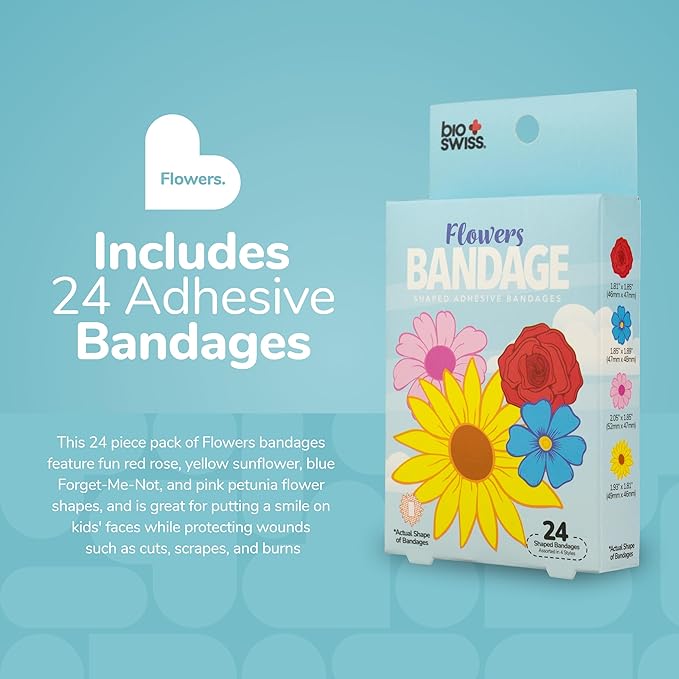 BioSwiss Bandages, Flowers Shaped Self Adhesive Bandage, Latex Free Sterile Wound Care, Fun First Aid Kit Supplies for Kids and Adults, 24 Count-CubbioJoy