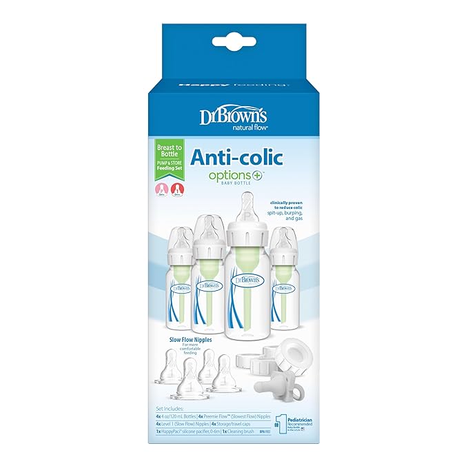 Dr. Brown's Anti-Colic Breast to Bottle Feeding Set with Slow Flow Nipples, Travel Caps, and Silicone Pacifier - Gray-CubbioJoy