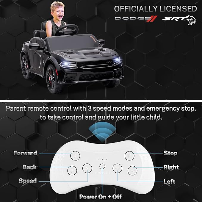 12V 7Ah Kids Electric Ride on Car, Licensed Dodge Charger SRT Hellcat, Battery Powered 4-Wheels Toy Car Electric Vehicle for Kids with Remote Control, 3 Speeds, LED Lights, Music (Black)-CubbioJoy