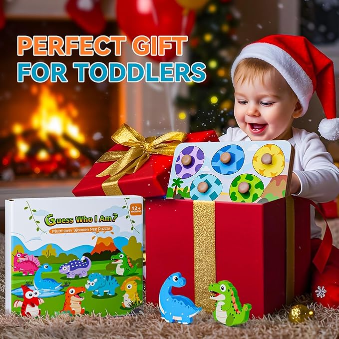Dinosaur Wooden Puzzles for Toddlers 1-3, Montessori Toys for 1 2 Year Old Boy Birthday Gifts, Dinosaur Matching Eggs Peg Puzzles for Toddlers Age 2-4, Preschool Learning Activities for Girls-CubbioJoy