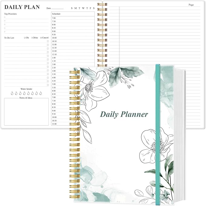 Daily Planner Undated - 8.5" x 11" To Do List Notebook Hourly Schedules, 150 Sheets/300 Pages Spiral Appointment Planner for Women and Men,PVC Hardcover, Inner Pocket, Elastic Closure, Teal Flowers-CubbioJoy