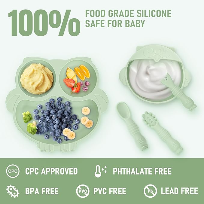 Baby Weaning Set, Silicone Feeding Set(10 Pcs), Toddler Set with Adjustable Bib, Suction Bowl, Plate, Fork, Spoon, Water & Snack Cup Kit, Led Kit for Babies, and Kids Green GJTZ-04-CubbioJoy