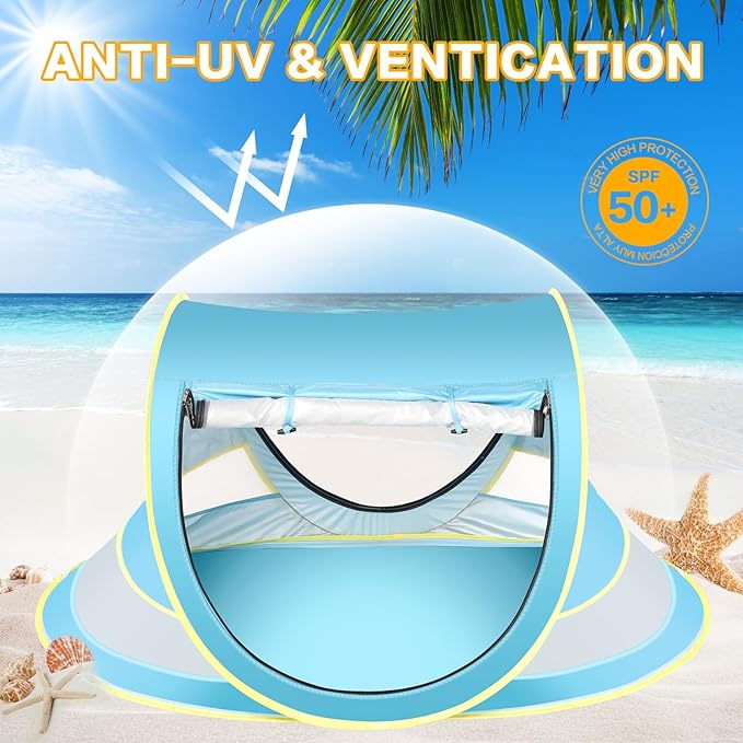 Baby Beach Tent with Baby Hat, Pop Up Toddler Travel Bed with Sun Hat for Boys or Girls, Sun Shade for Toddler Camping, Infant Portable Sun Shade, Summer Beach Baby-CubbioJoy
