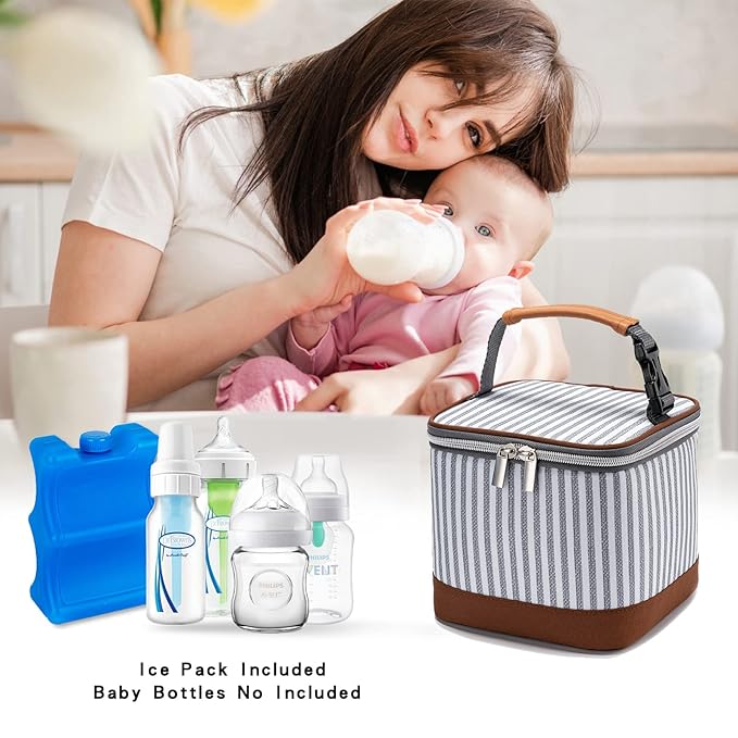 Breastmilk Cooler Bag with Ice Pack Fits 4 Baby Bottles Up to 5 Ounce, Baby Bottle Cooler Bag Great for Nursing Mom Daycare, Straps-CubbioJoy