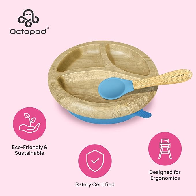 Abiie Octopod Bamboo Dish - Kids Plates for 4 months and up, 3-Compartment Baby Plates with Suction, Round Bamboo Baby Plate, Mess-Free Toddler Suction Plates, Baby Feeding Supplies, 7.5 x 7.5 x 1.9in-CubbioJoy