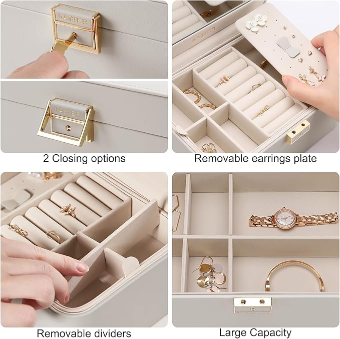 KAMIER Jewelry Box, 2 Layers PU Leather Jewelry Organizer Box, Large Capacity, Double Lock and Large Mirror, Hidden Necklace Hooks, Removable Dividers, Grey-CubbioJoy