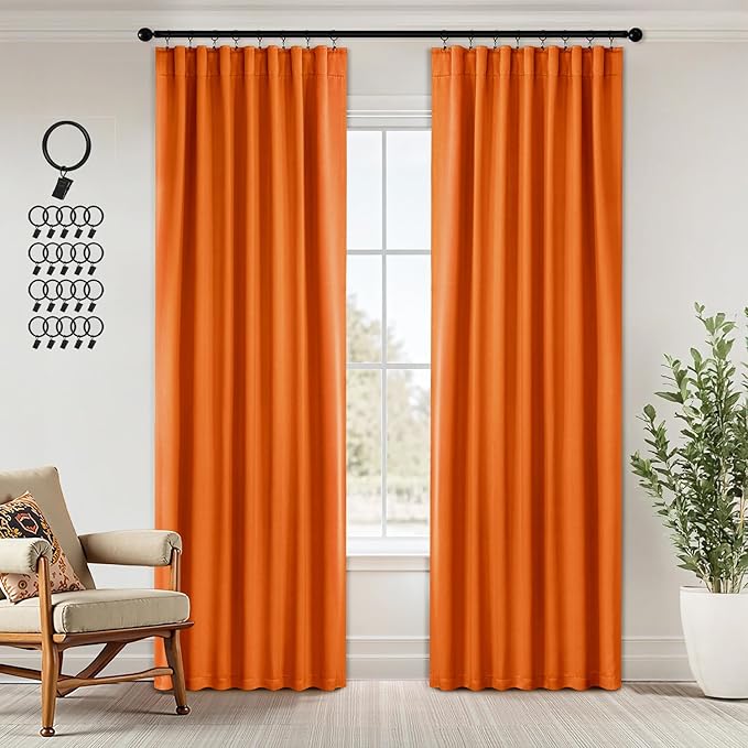 ANRODUO Back Tab Blackout Curtains for Bedroom Living Room, Rod Pocket Pinch Pleated Thermal Insulated Room Darkening Curtains 90 Inches Long 2 Panels, Orange, 42 x 90 Inch-CubbioJoy