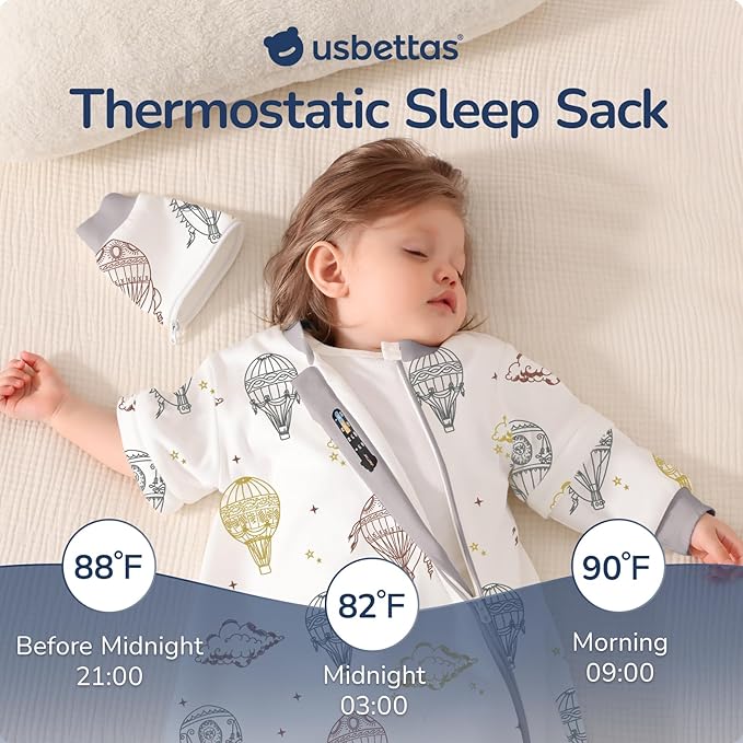 Baby Sleep Sack 12-18 Months, Cotton Detachable Long Sleeve Sleep Sack, 2.5 Tog Toddler Sleeping Sack with Temperature Strips, 2-Way Zipper Wearable Blankets for Newborns, Hot Air Balloon-CubbioJoy
