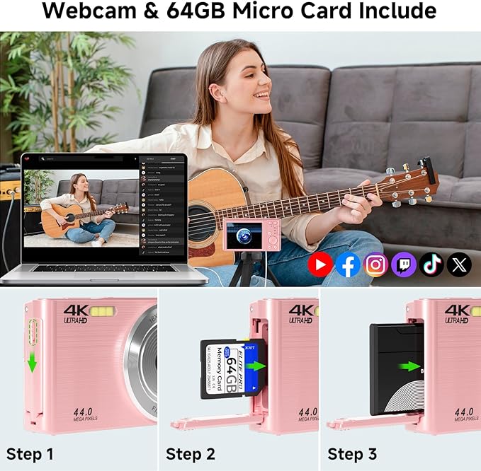 Digital Camera, FHD 4K 44MP Digital Camera, 16X Digital Zoom, Digital Point and Shoot Camera with 3-LED Fill Lights, 64GB SD Card, Compact Camera for Kids Teen Boys Girls, Pink-CubbioJoy