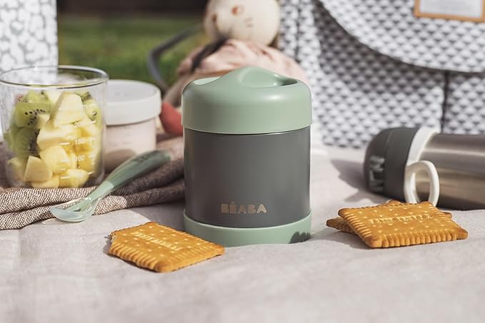 Beaba Stainless Steel Insulated Food Jar 10 oz, Kids Thermos, Lunch Containers, Leakproof, Wide Opening, Suitable for Hot and Cold Foods (Sage)-CubbioJoy