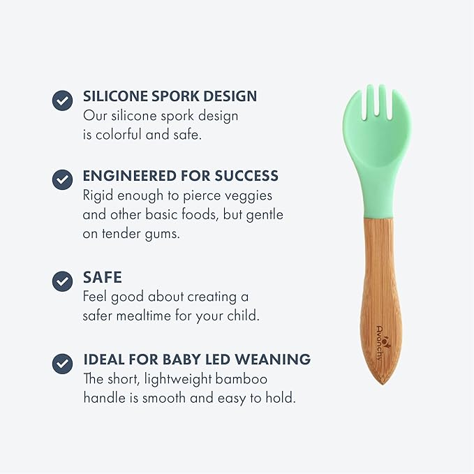 Avanchy Baby Fork Set, Bamboo and Silicone Spork Utensils, Toddler Baby Led Weaning Silverware Cutlery Flatware, Kids First Self Feeding-CubbioJoy