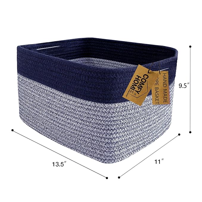 COMFY-HOMI 3PACK Rectangular Cotton Rope Basket With Handles for Shelves|Dog Toy|Baby Gift - Dark Blue (13.5" x 11" x 9.5")-CubbioJoy