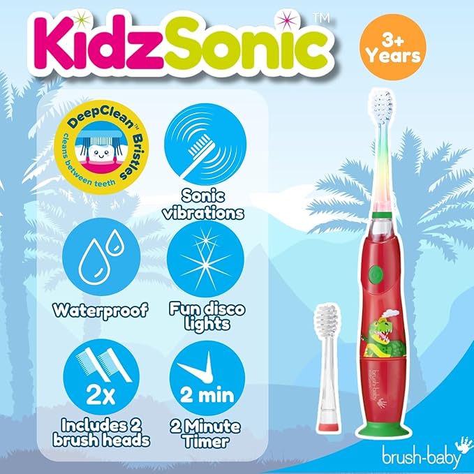 Brush‑Baby - KidzSonic Dinosaur Kids Electric Toothbrush for Ages 3+ with Disco LED Lights, Gentle Sonic Vibrations, 2-Minute Smart Timer & 30‑Second Pulse Reminders – AAA Battery Included-CubbioJoy