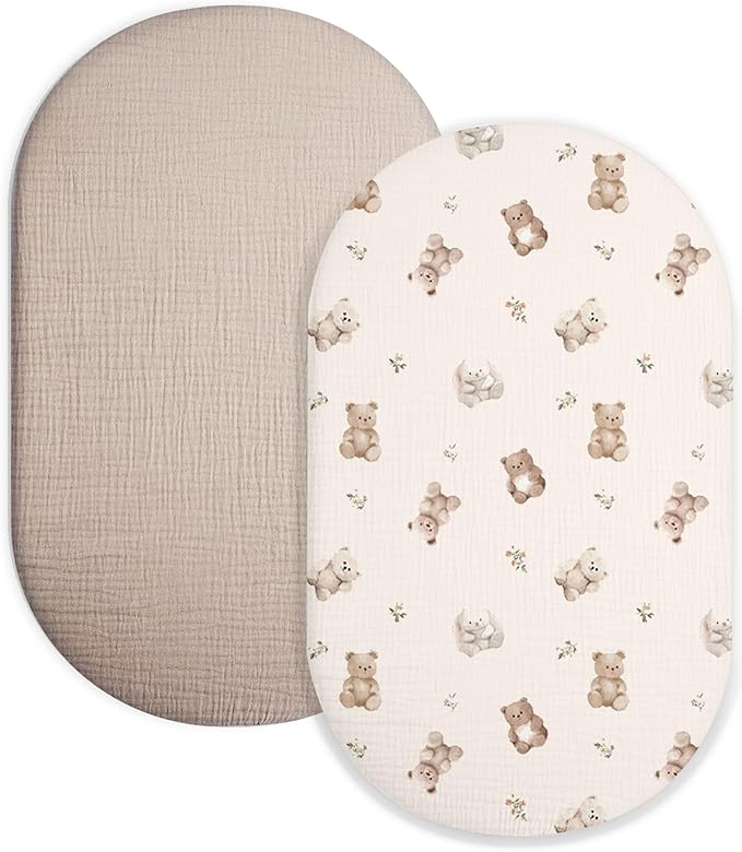 Bassinet Sheet for Baby Boy and Girl 2 Pack, Fitted Sheets for Rectangle, Oval, Hourglass Bassinet Mattress, Muslin Moses Basket Sheets with Neutral Style (Teddy & Friends)-CubbioJoy