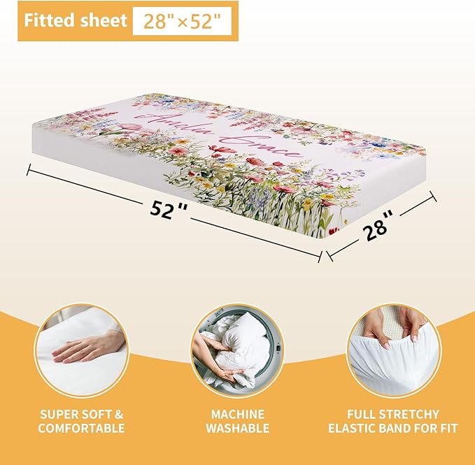 Custom Crib Bedding Set - 5 Pcs Customized Baby Crib Set with Name - Soft Double Layer Flower Nursery Baby Bedding Set for Girls Boys - Personalized for Infants Toddlers-CubbioJoy