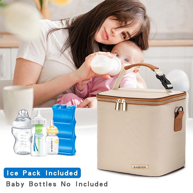 Breastmilk Cooler Bag with Ice Pack Fits 6 Baby Bottles Up to 9 Ounce, Baby Bottle Bag with Shoulder Strap for Nursing Mom Daycare, Cream-CubbioJoy