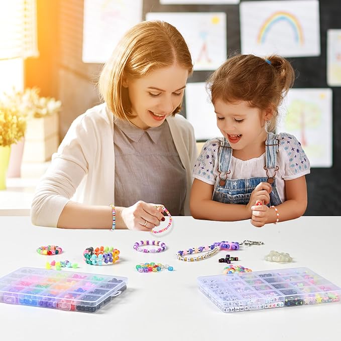 5 Boxes Bracelet Making Kit Pony Beads, 6x9mm Kandi Rave Beads & Hair Beads Set with UV Color Changing, Glow-in-Dark, Chrome & Alphabet Letters for Friendship Jewelry DIY Crafts-CubbioJoy