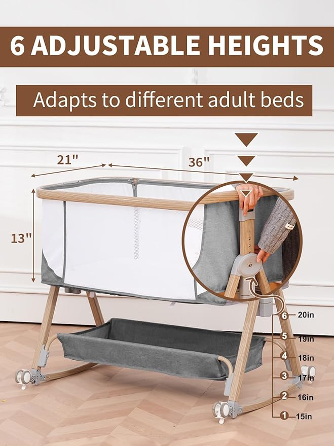 Baby Bassinet Bedside Sleeper - 3 in 1 Bassinets with Waterproof Sheets, Soft Mattress and Breathable Mesh, Adjustable Height Bedside Bassinet for Baby with Wheels, Storage Basket, Gray-CubbioJoy