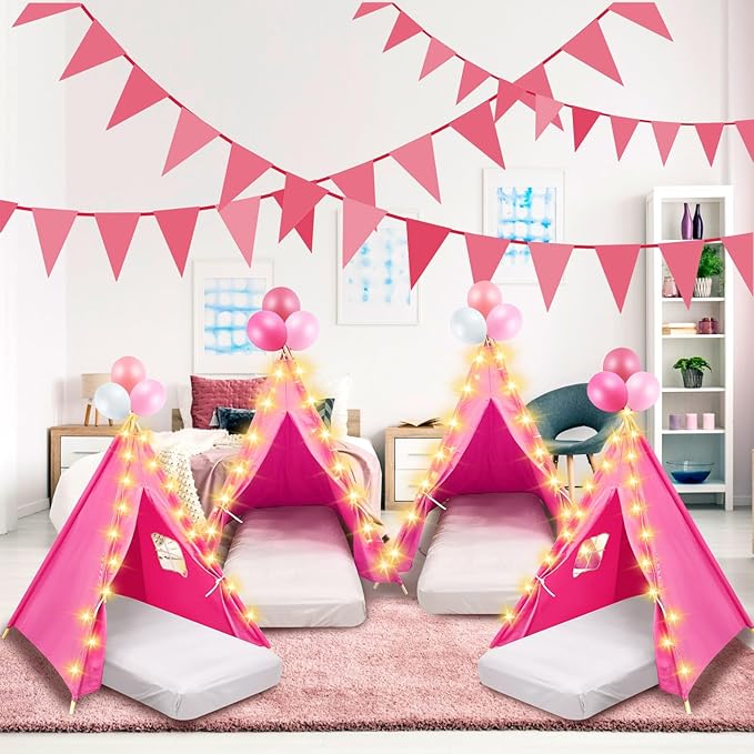 6 Pack Sleepovers Teepee Tent for Kids Bulk with Mattress Sheet Light,Natural Cotton Washable Indoor Play Tent for Birthday Slumber Party Girls Boys Pajama Movie Night Supplies(Rose Red)-CubbioJoy