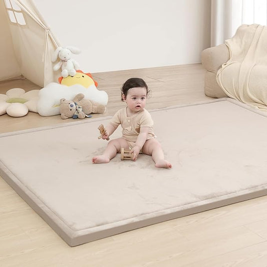 Baby Play Mat for Floor,1.3" Thick Memory Foam Tummy Time Mat,Soft Coral Velvet Nursery Rug,Extra Large Non Slip for Crawling,Toddlers,Infants,Kids,Tatami Style for Living Room(Beige)-CubbioJoy