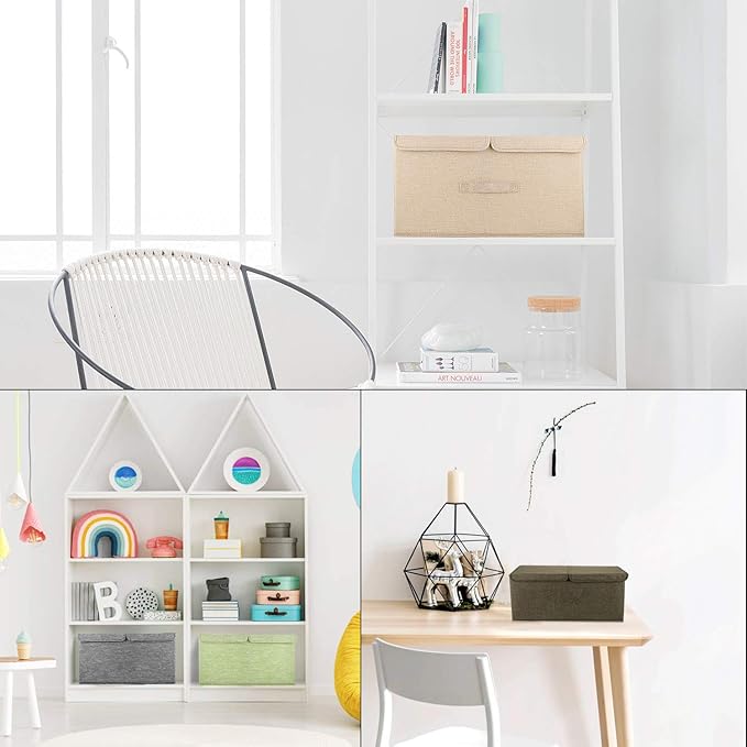 2 Pack Storage Boxes with Lids and Handles, Collapsible Linen Storage Bins Organizer Containers Baskets Cube with Removable Divider for Home Bedroom Closet Office (Khaki, Small)-CubbioJoy