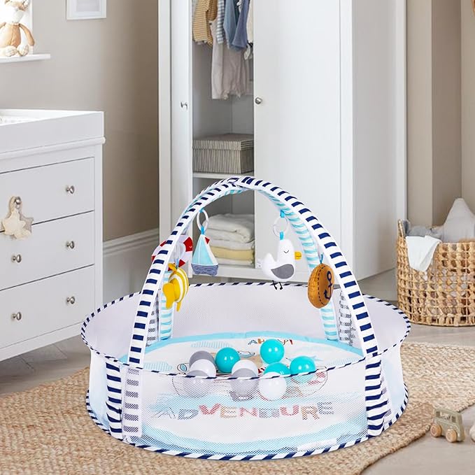 Baby Play Mat, 4-in-1 Baby Play Gym Tummy Time Mat with Ball Pit and 5 Detachable Toys for Newborn to Develop Sensory Exploration and Motor Skill 0-6-12 Months-CubbioJoy