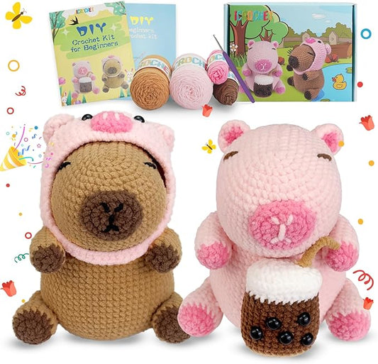 Crochet Kit for Beginners,Beginner Crocheting Animals Kits w Step-by-Step Video Tutorials, Knitting Starter Pack for Adults and Kids,2 Pack Capybara-CubbioJoy