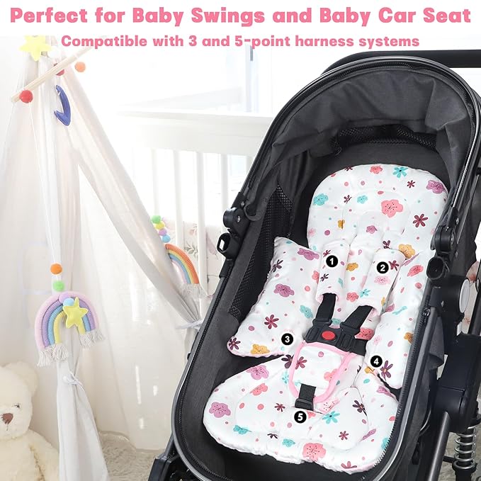 Infant Car Seat Insert with 3 Strap Covers, 3 in 1 Reversible Floral Baby Car Seat Head Support for Newborn, Baby Girl Newborn Essentials for Preemie to Infant, Stroller, Swing, Bouncer (Pink)-CubbioJoy