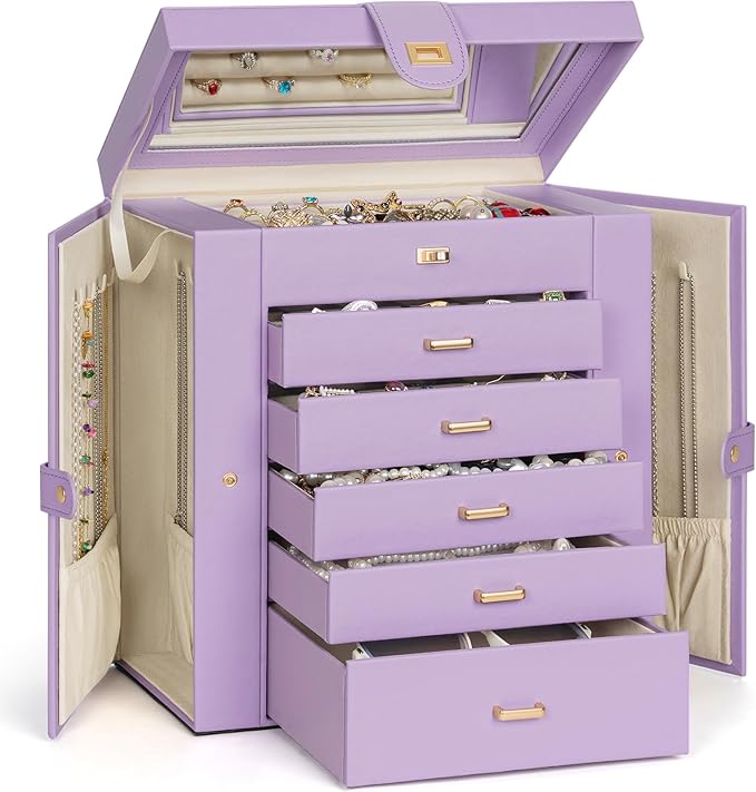 AKOZLIN Extra Large 6-Tier Jewelry Box Organizer Functional Huge, 5 Drawers Leather Jewelry Storage Case for Women Girls Ring Necklace Earring Bracelet Holder Organizer with Mirror Violet-CubbioJoy