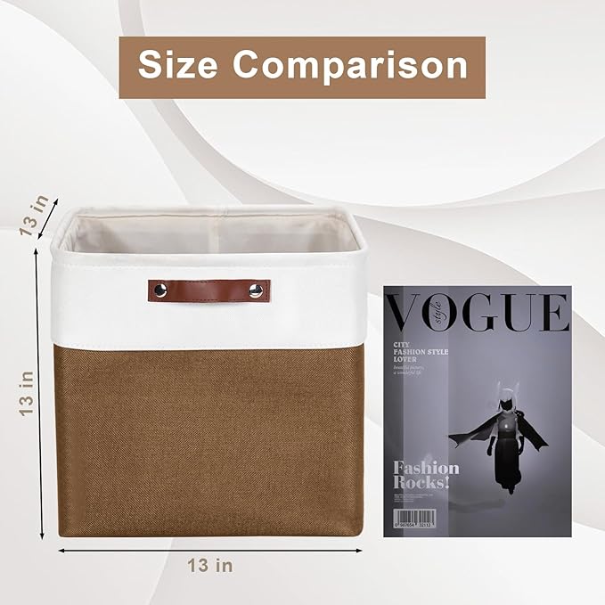 13x13 Cube Storage Bins, Collapsible Fabric Storage Box, 4 Pack Closet Baskets with Handles for Organizing, Shelf, Toys, Clothes, Home, Office, Nursery (Brown&White)-CubbioJoy