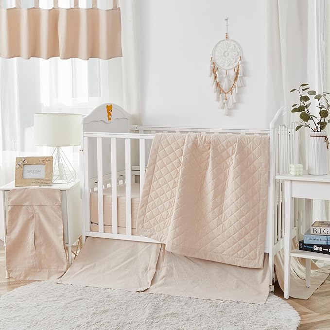 Brandream Baby Crib Bedding Sets for Girls Boys Gender Neutral Boho Bohemian Farmhouse Chic Classic Quilted Plaid 6-Piece Nursery Bedding Set - 100% Washed Cotton Beige-CubbioJoy