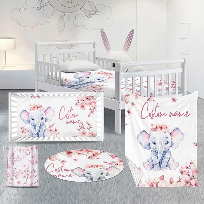 Custom Nursery Crib Bedding Set: 4 Piece Pink Flower Elephant Pattern Baby Crib Sets for Girls with Personalized Name - Toddler Double Layer Blanket Set, Comfortable Crib Bed Sheets for Baby Toddlers-CubbioJoy