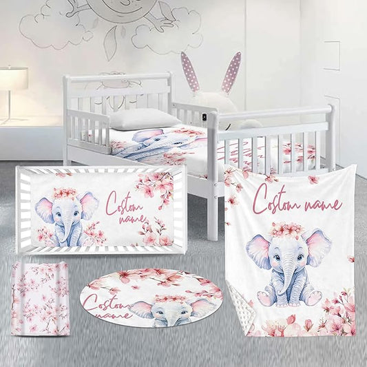 Custom Nursery Crib Bedding Set: 4 Piece Pink Flower Elephant Pattern Baby Crib Sets for Girls with Personalized Name - Toddler Double Layer Blanket Set, Comfortable Crib Bed Sheets for Baby Toddlers-CubbioJoy