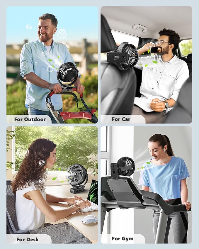 Ausic 3-in-1 Portable Clip on Fan with Misting & LED Lights & Hook, 100ML Baby Stroller Fan, 5200mAh Rechargeable Battery Operated & 360° Rotation & 3 Speeds for Table Outdoor Travel Camp Golf Cart-CubbioJoy