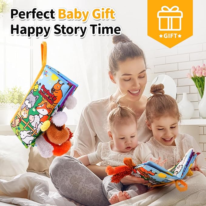 Jollybaby Baby Cloth Books, Touch & Feel Crinkle Soft Books, for Infants Babies, Toddler Early Educational Interactive Stroller Toys, Baby Girl & Boy Gift(Plush Tails)-CubbioJoy