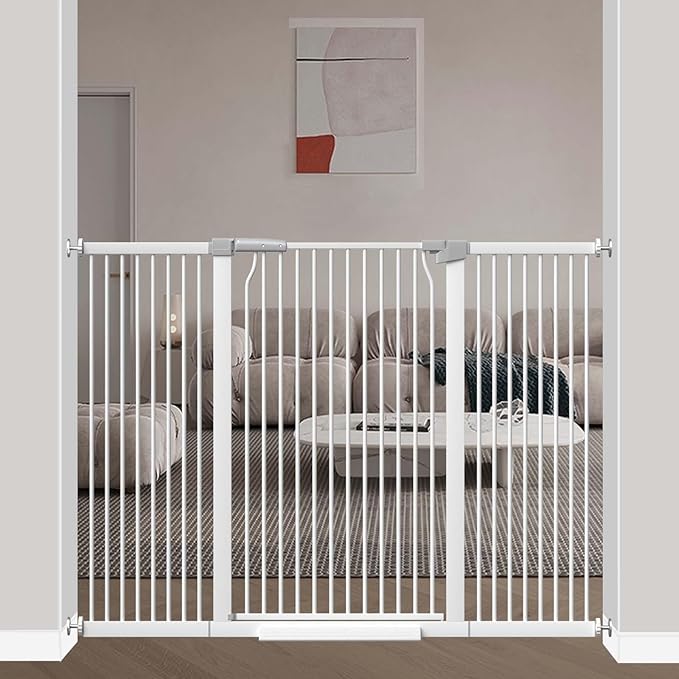 40.5" Extra Tall Baby Gate, 57.5"-60.2" Extra Wide Long Dog Pet Gate Indoor, Adjustable Safety Child Gate No Drill, Metal Auto Close Pet Proof Tall Gate for Stairs Doorway Kids, White-CubbioJoy