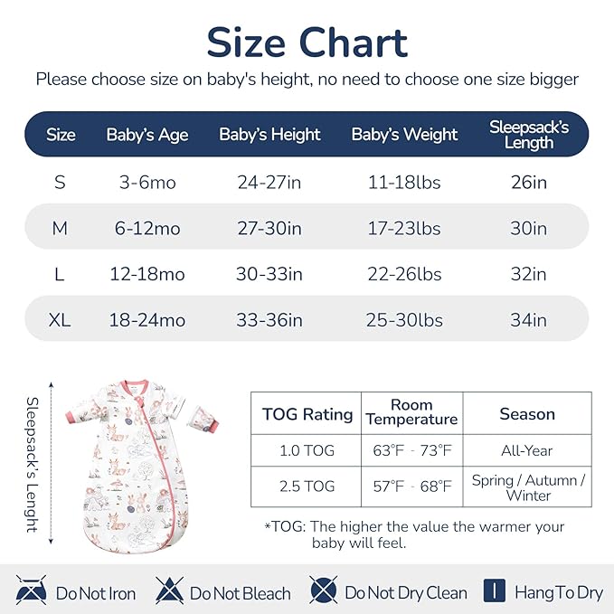 Baby Sleep Sack 3-6 Months, Cotton Detachable Long Sleeve Sleep Sack, 2.5 Tog Toddler Sleeping Sack with Temperature Strips, 2-Way Zipper Wearable Blankets for Newborns, Bunny-CubbioJoy