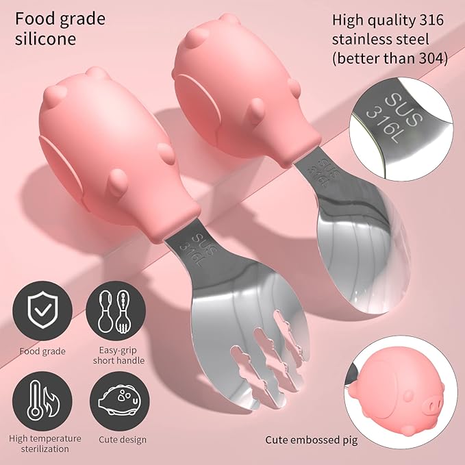 Deejoy Toddler Utensils - Stainless Steel Spoons and Forks, Kids Silverware Set with Travel Case (Pink)-CubbioJoy