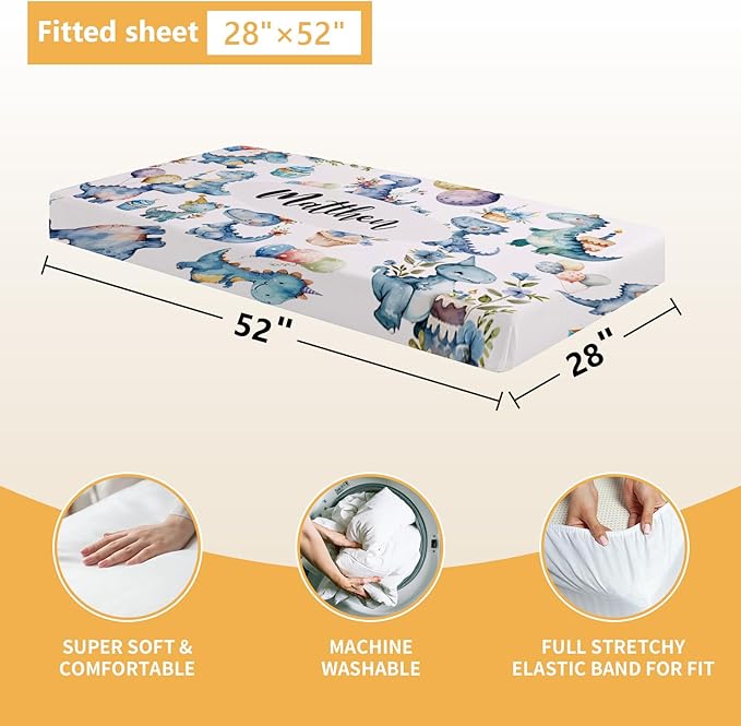 Custom Baby Crib Set - 5 Pcs Personalized Name Blue Dinosaur Crib Bedding Set for Infants Toddlers - Soft Double Layer Nursery Bedding Set for Boys - Customized Gifts for Baby Shower Birthday-CubbioJoy