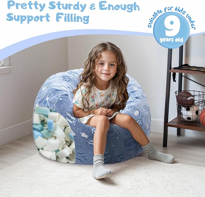 COMAX Kids Bean Bag Chair Turn into Beanbag Bed, Unicorn Toddler Bean Chair for Girl Boy Sleeping, Lazy Children Sofa Couch with Filler, Convertible Child Floor Mattress, Glowing Space-CubbioJoy