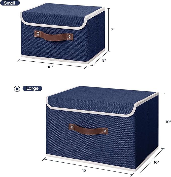 ANMINY Storage Bin with Lid Storage Boxes with PU Leather Handles PP Plastic Board Decorative Foldable Lidded Cotton Linen Fabric Home Cubes Baskets Closet Organizer Container - Blue, Large Size-CubbioJoy