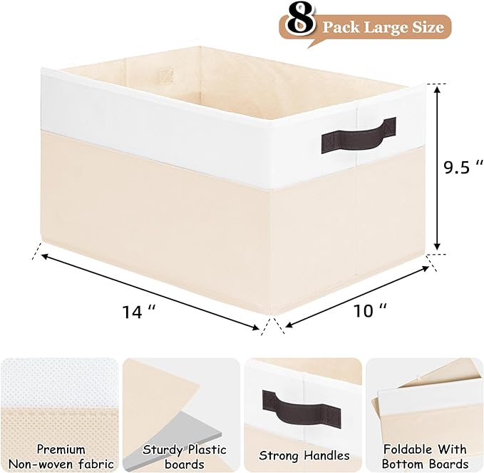 Criusia 8 Pack Large Storage Basket, Fabric Blanket Basket Living Room, Toy Organizers and Storage with Handles for Kids, Laundry Basket for Clothes Towel, Yarn and Craft Storage Bins (14L*10W*9.5H)-CubbioJoy